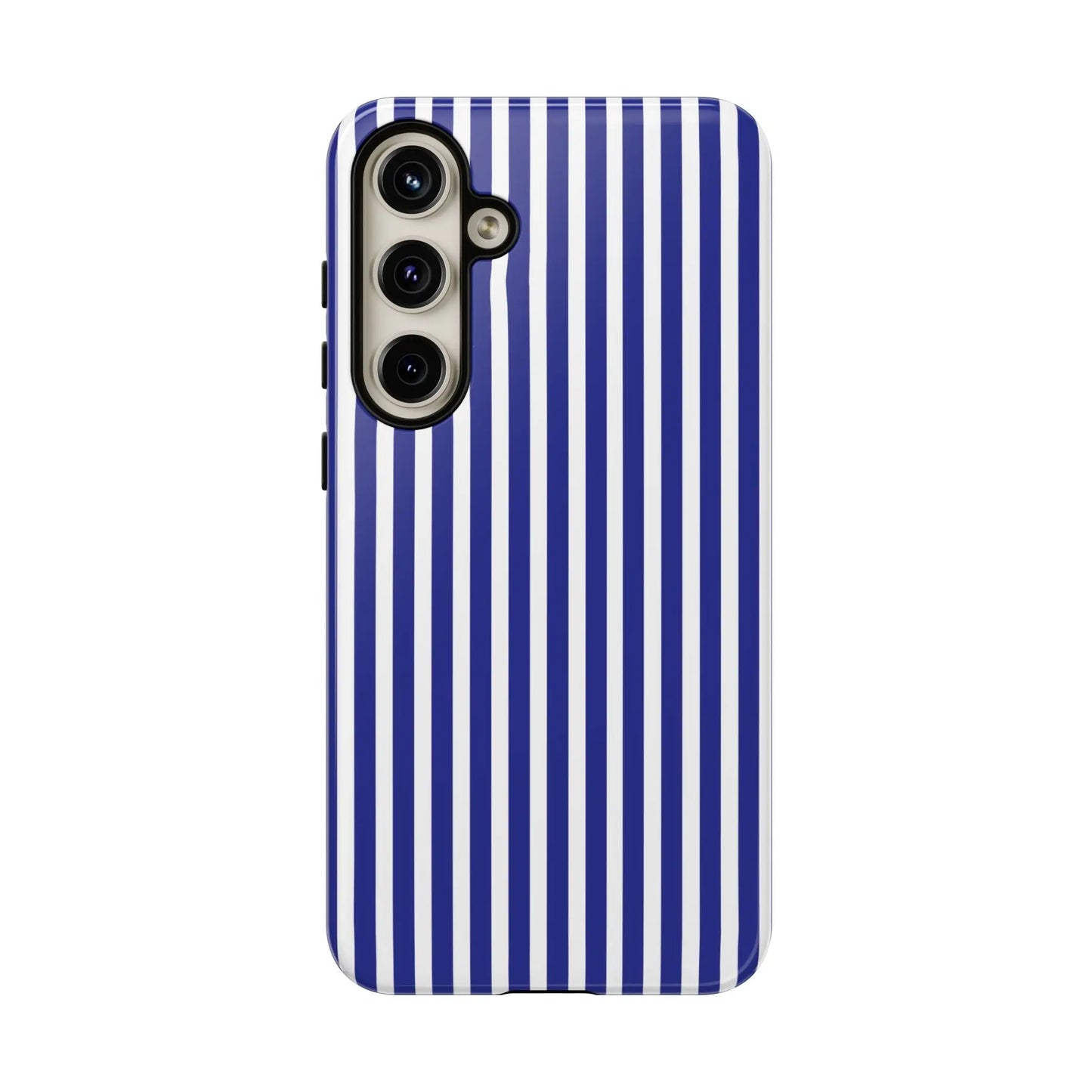Back of a blue white striped tough phone case with bold vertical stripes and hard shell for triple-lens smartphones