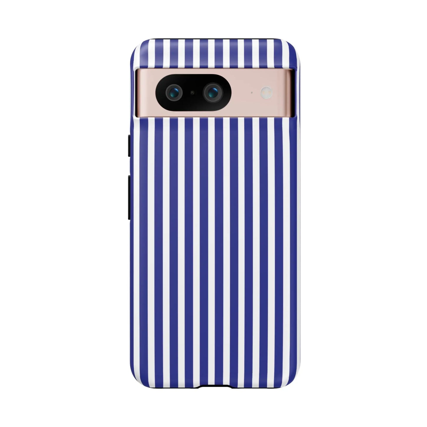Back of a sleek blue white striped tough phone case with bold vertical stripes for google pixel smartphone
