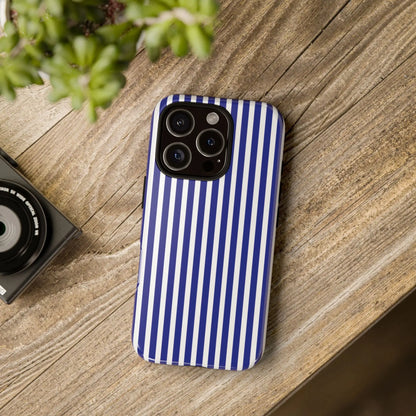 Blue white striped tough phone case with hard shell protective cover and sleek modern vertical stripes design back view