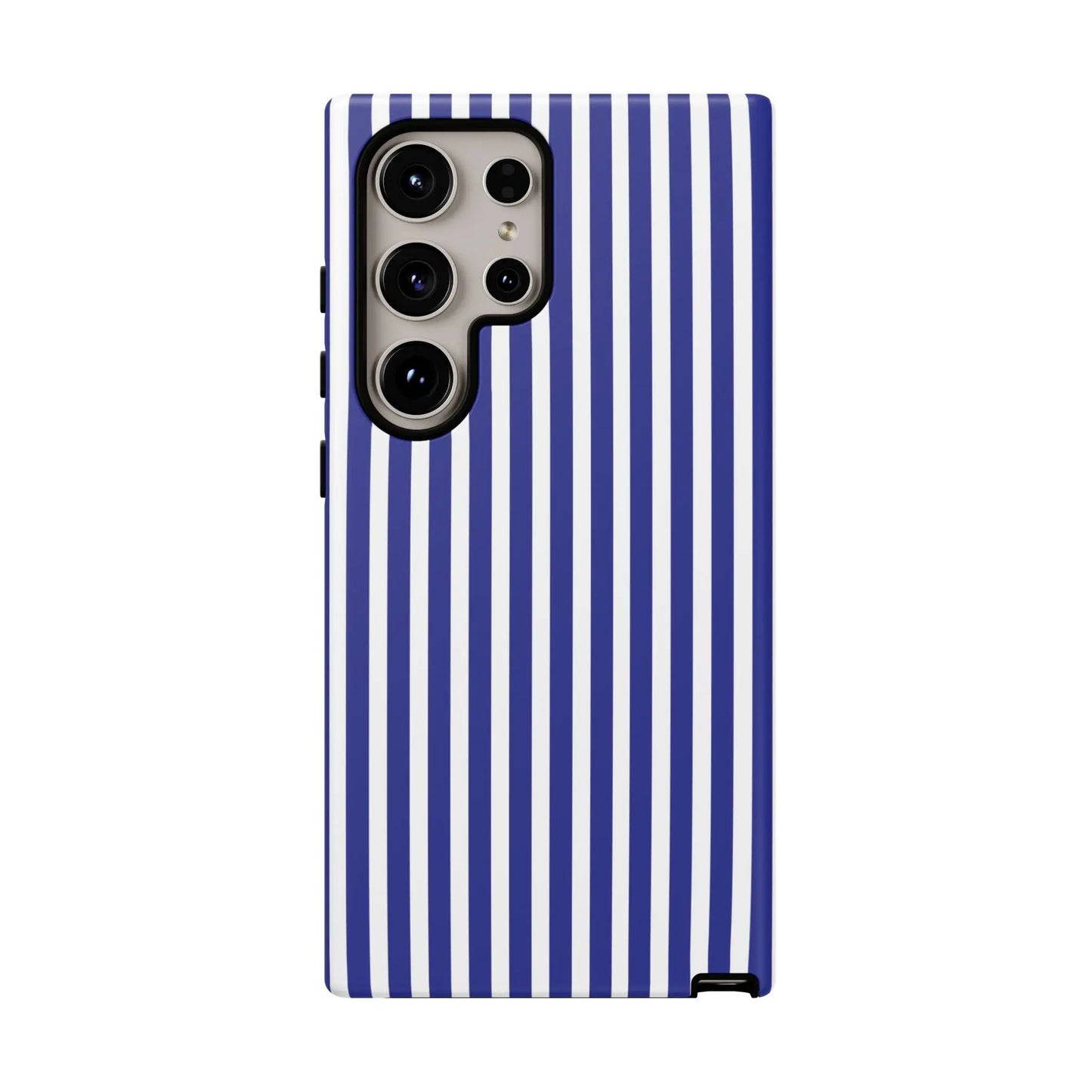 Back side of blue white striped tough phone case designed for samsung galaxy s21 ultra with hard shell protection