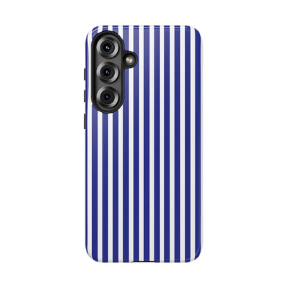 Back view of a blue white striped tough phone case with a hard shell design for protective phone cover and accessories