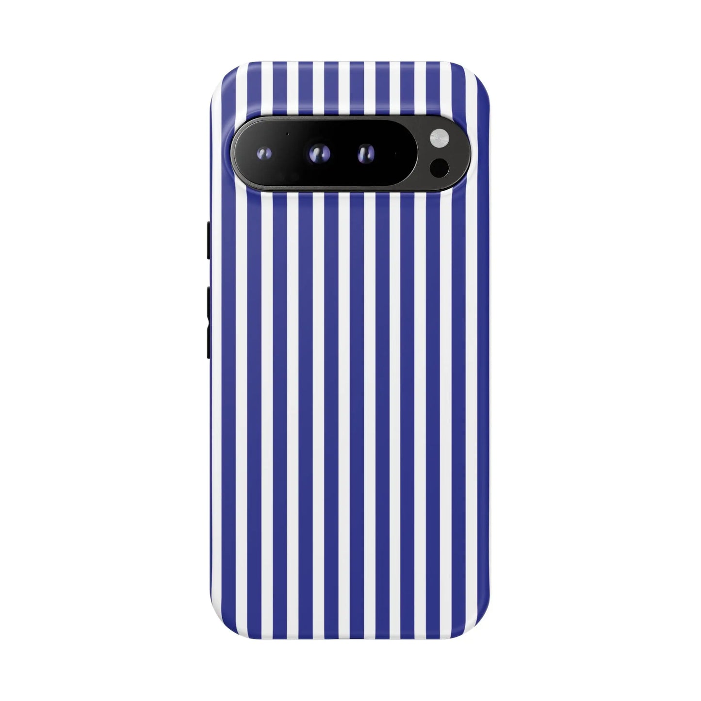 Back side of a sleek blue white striped tough phone case with bold vertical stripes and precise camera alignment