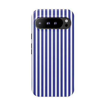 Back side of a sleek blue white striped tough phone case with bold vertical stripes and precise camera alignment