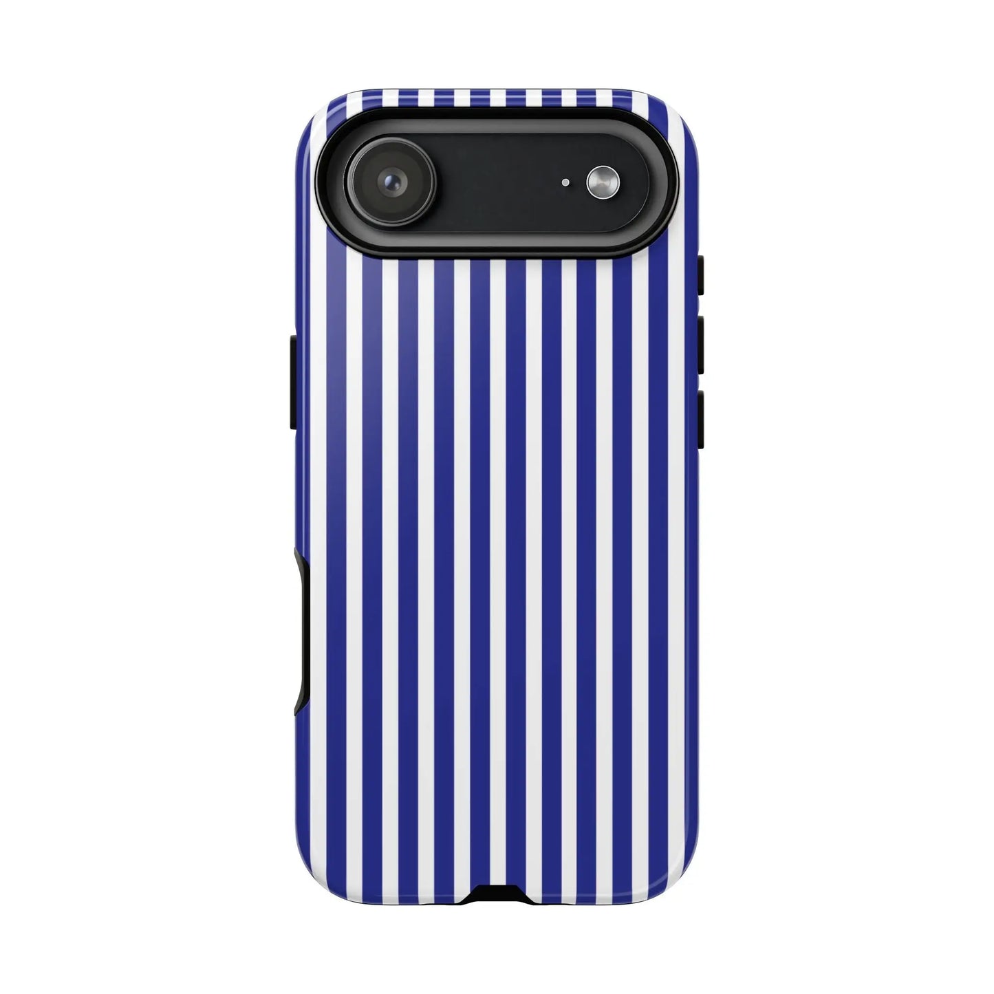 Back side of a blue white striped tough phone case with black camera cutout for protective phone cover use