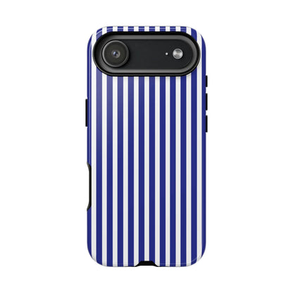 Back side of a blue white striped tough phone case with black camera cutout for protective phone cover use