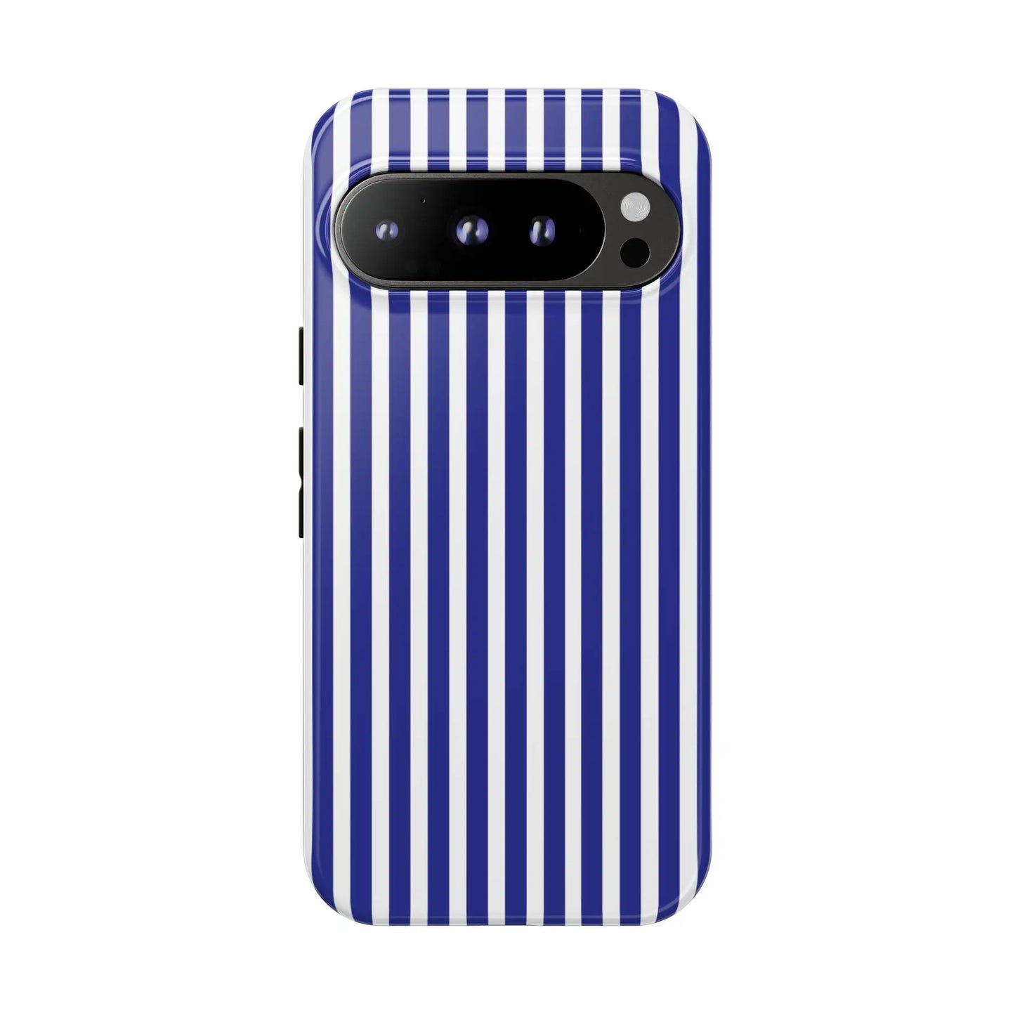 Back of a sleek phone case with bold navy blue and white striped design tough hard shell cover protector