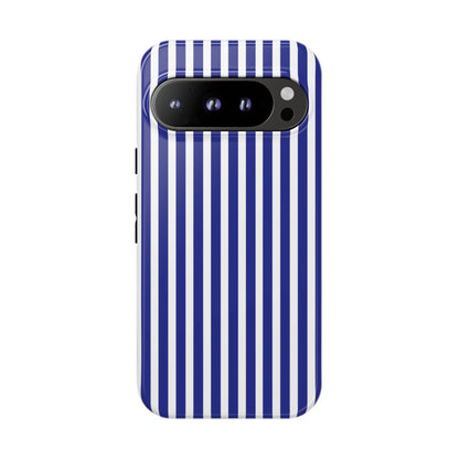 Back of a sleek phone case with bold navy blue and white striped design tough hard shell cover protector