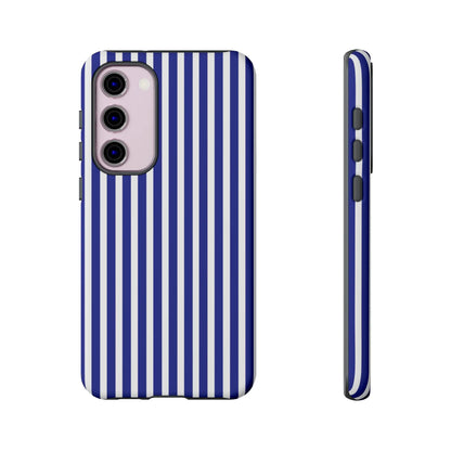 Blue white striped tough phone case with hard shell design for protective phone cover shown from back side