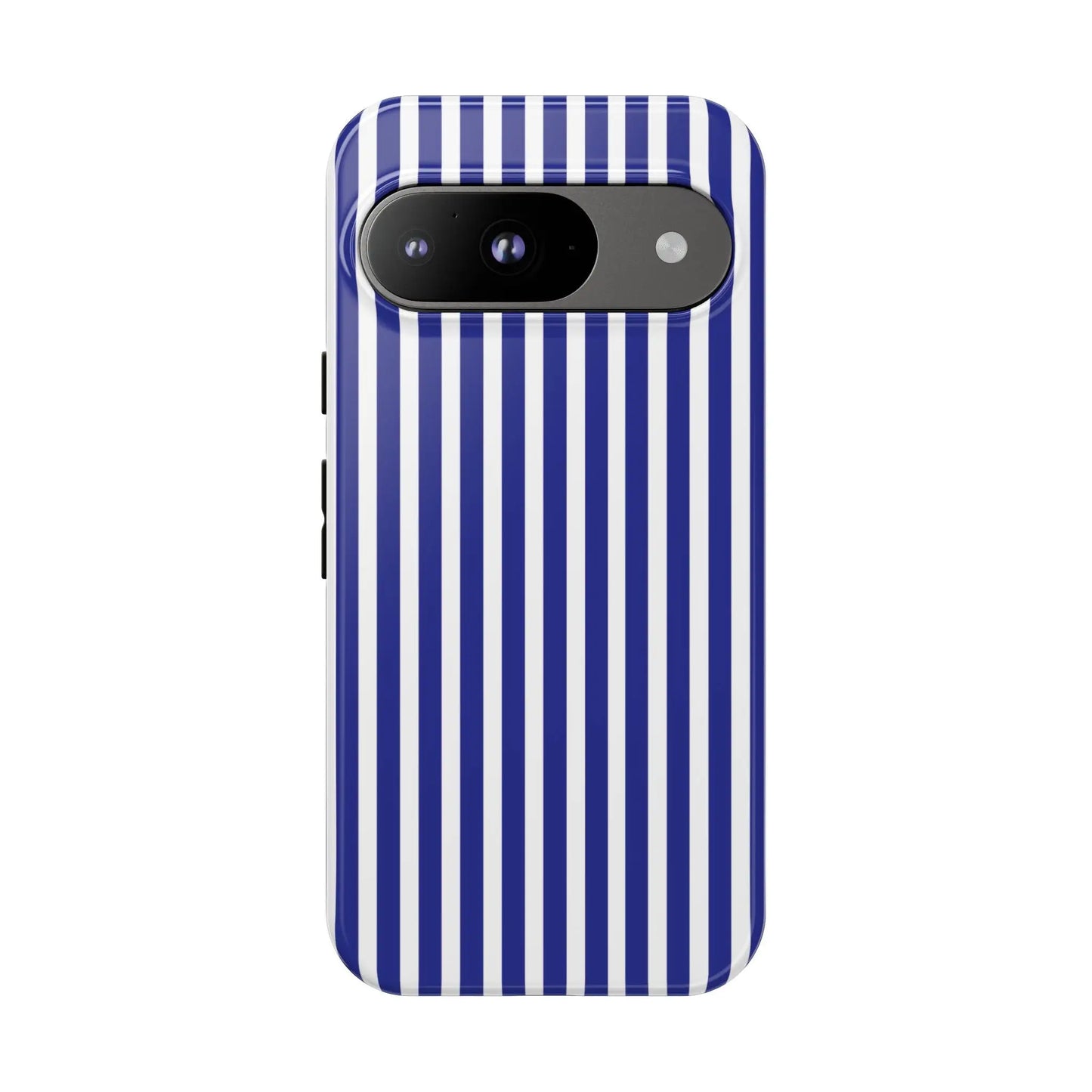 Blue white striped tough phone case back view with hard shell protective cover and modern sleek design