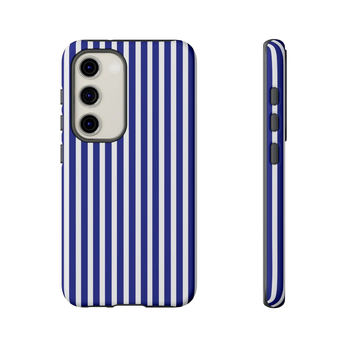 Blue white striped tough phone case with hard shell back cover featuring sleek modern vertical stripes design