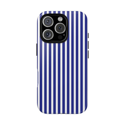 Blue white striped tough phone case with hard shell back cover and protective modern design