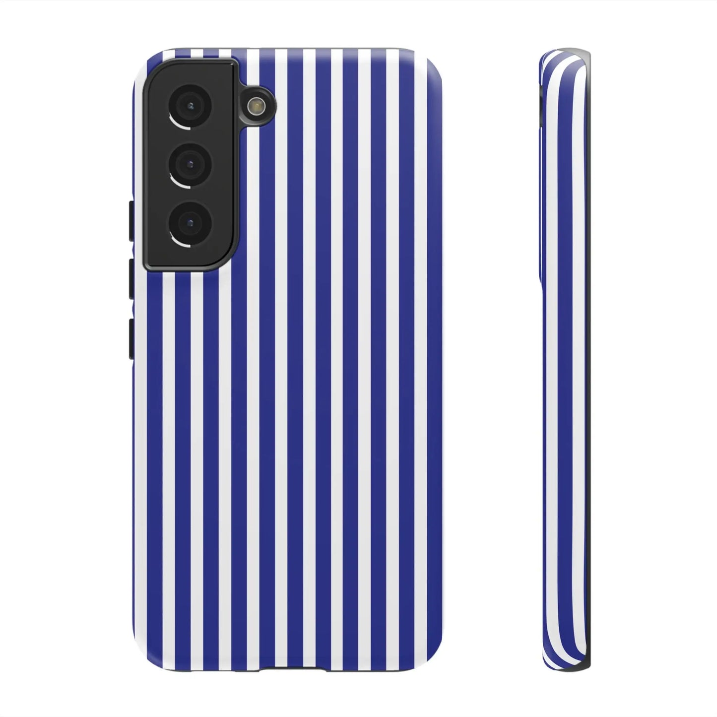 Back side of a blue white striped tough phone case for samsung galaxy s21 featuring a hard shell protective cover
