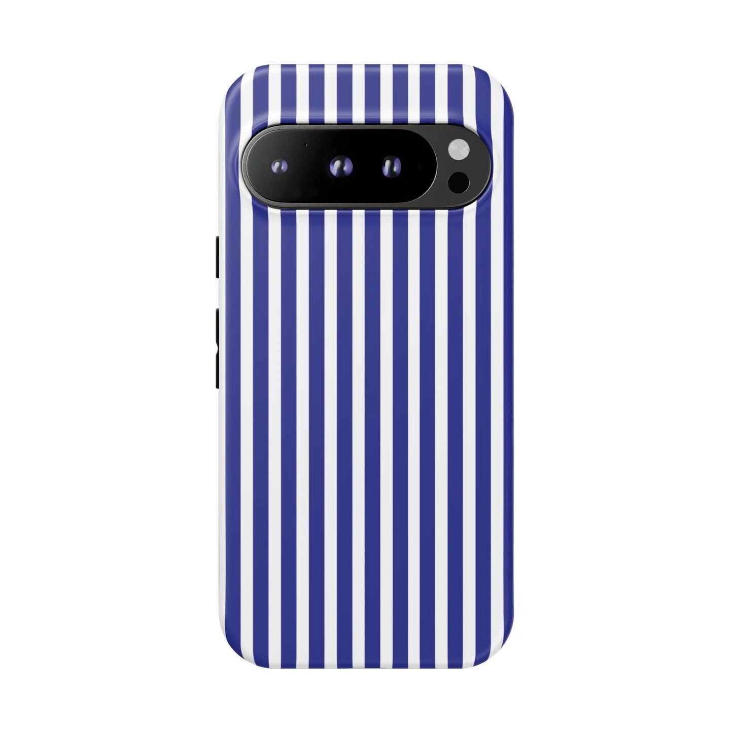 Back side of a blue white striped phone case with bold vertical stripes and hard shell design for modern smartphones