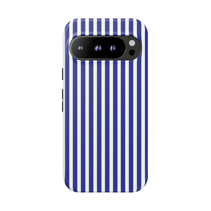 Back side of a blue white striped phone case with bold vertical stripes and hard shell design for modern smartphones