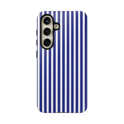 Back side of a blue white striped tough phone case with a sleek modern hard shell design for phone protection