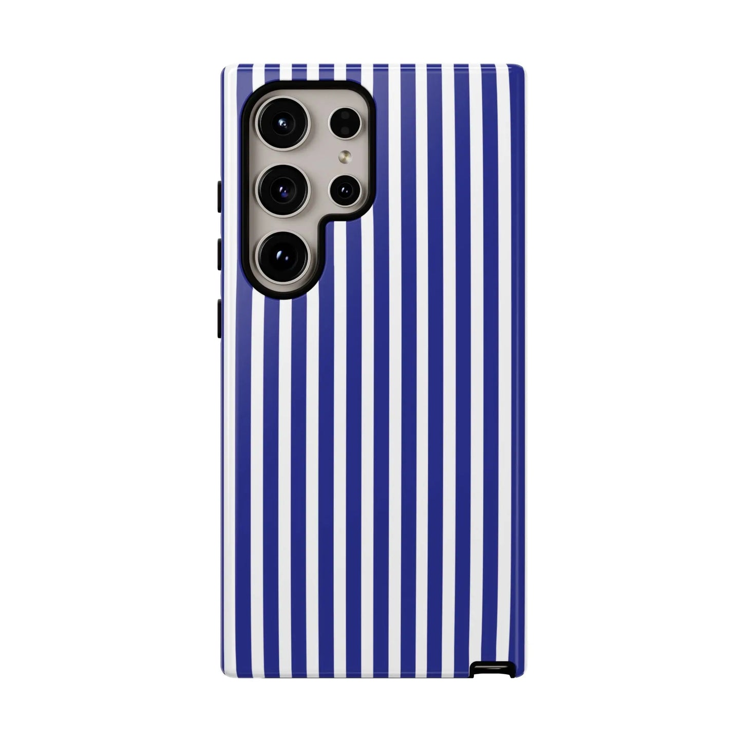 Blue white striped tough phone case with vertical stripes hard shell protective cover showing back side