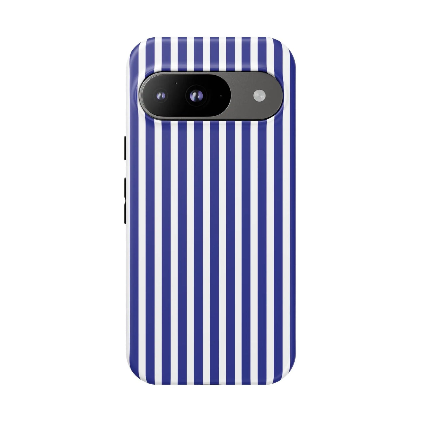 Back of a blue white striped tough phone case with bold vertical stripes and precise camera cutout for smartphone protection