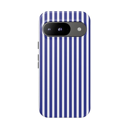 Back of a blue white striped tough phone case with bold vertical stripes and precise camera cutout for smartphone protection