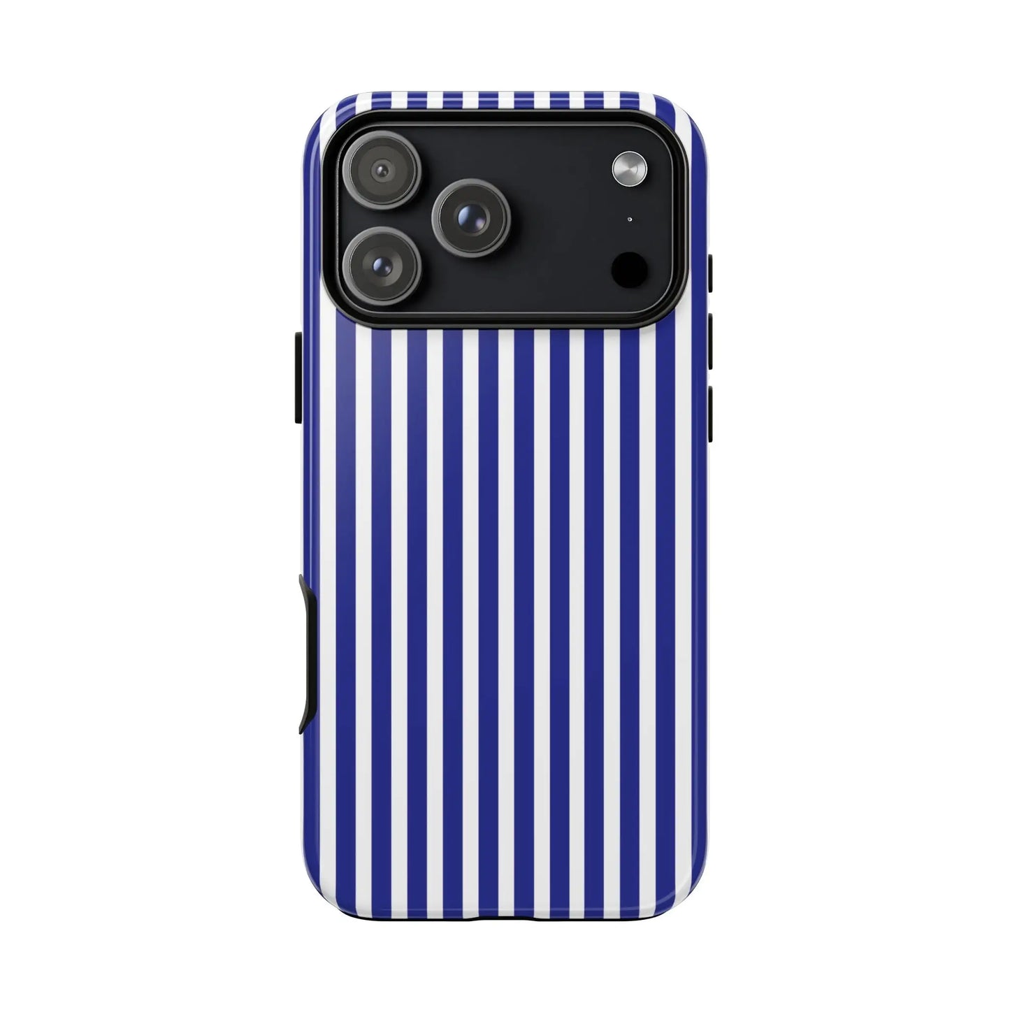 Back side of a blue white striped tough phone case with a hard shell and black camera module protector