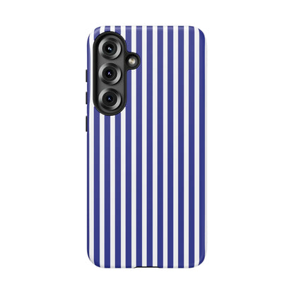 Back view of a blue white striped tough phone case with hard shell and triple camera cutout for smartphone protection