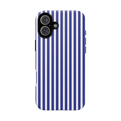 Back side of a sleek phone case with bold blue white striped tough hard shell design for modern smartphone protection