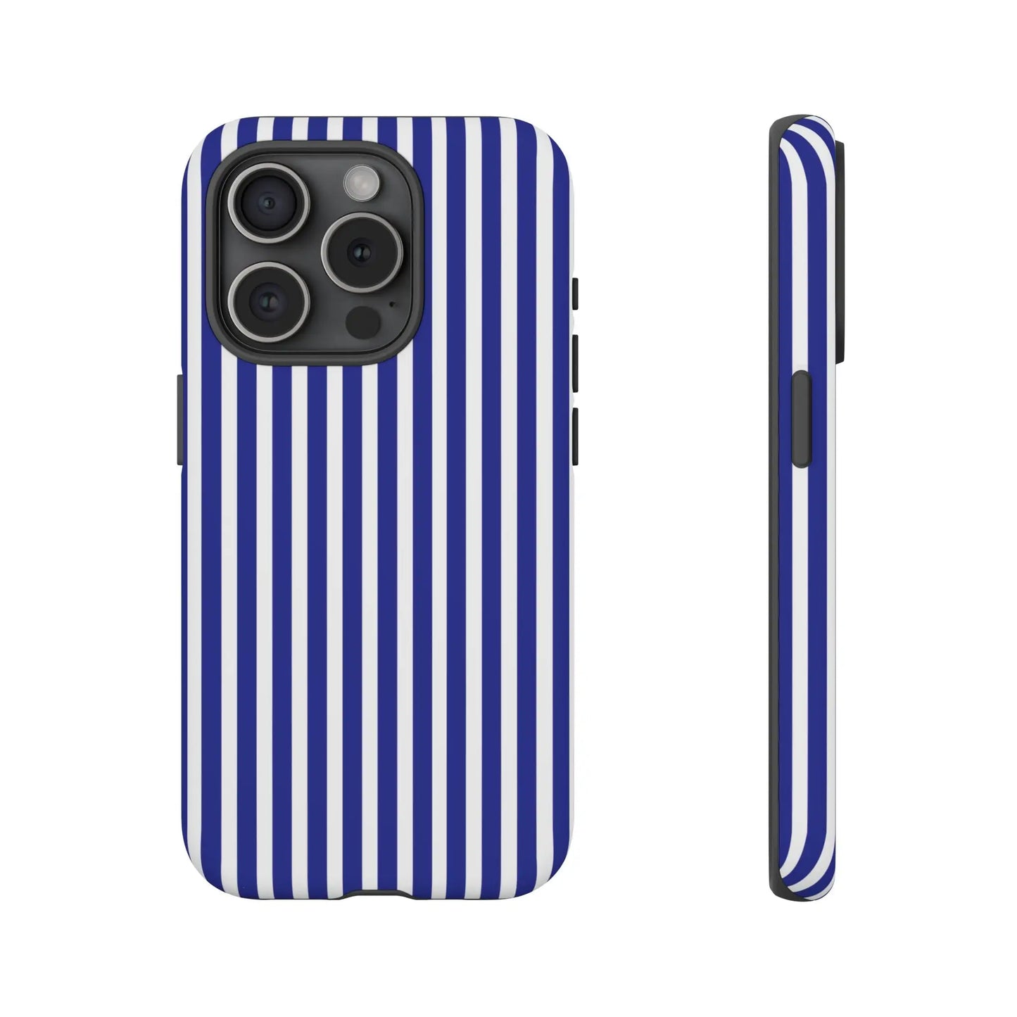 Back side of a blue white striped tough phone case with a hard shell design for durable phone protection