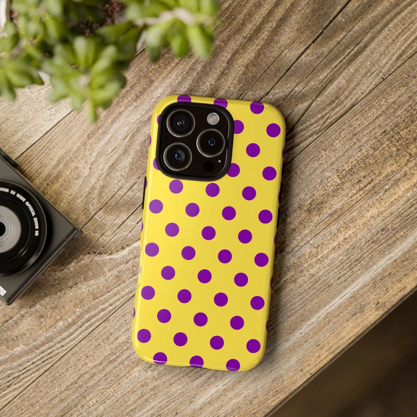 Phone Case - Bright Yellow with Purple Dots - iPhone 16 Pro / Glossy - Phone Case