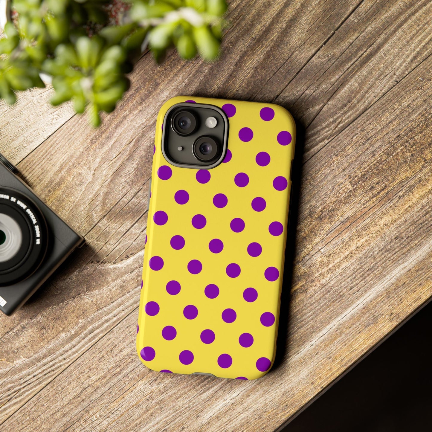 Phone Case - Bright Yellow with Purple Dots - iPhone 15 / Glossy - Phone Case