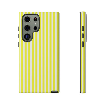 Vibrant banana yellow and white striped tough phone case cover with a hard shell design shown from the back side