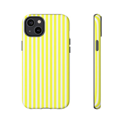 Back view of a banana yellow and white striped tough phone case cover for iphone 13 with hard shell protection
