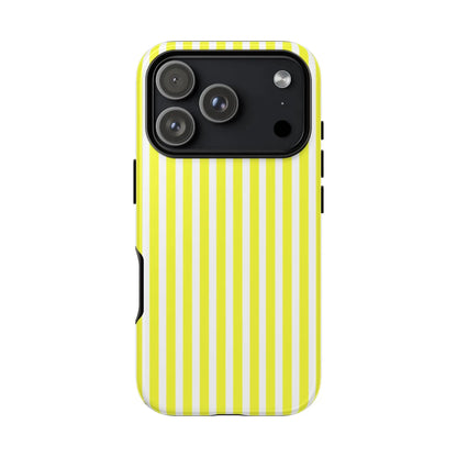Back view of a banana yellow and white striped tough phone case cover with a hard shell design for iphone samsung google