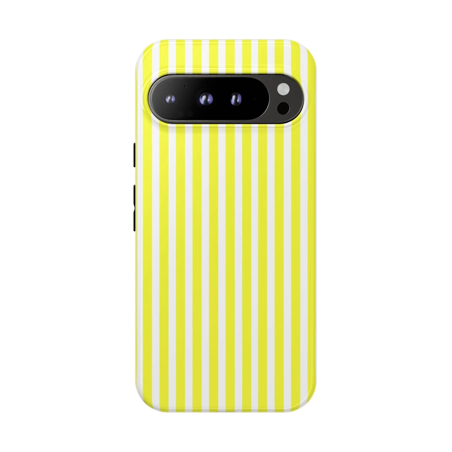 Back side of a vibrant banana yellow and white striped tough phone case cover with a hard shell design for iphone samsung google