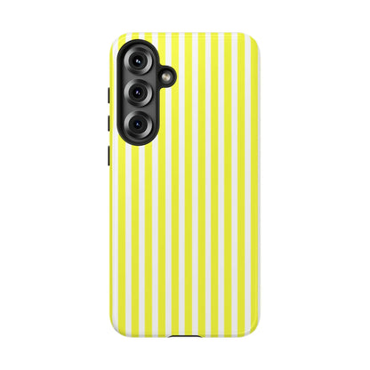 Back side of a banana yellow and white striped tough phone case cover with a hard shell and black camera module