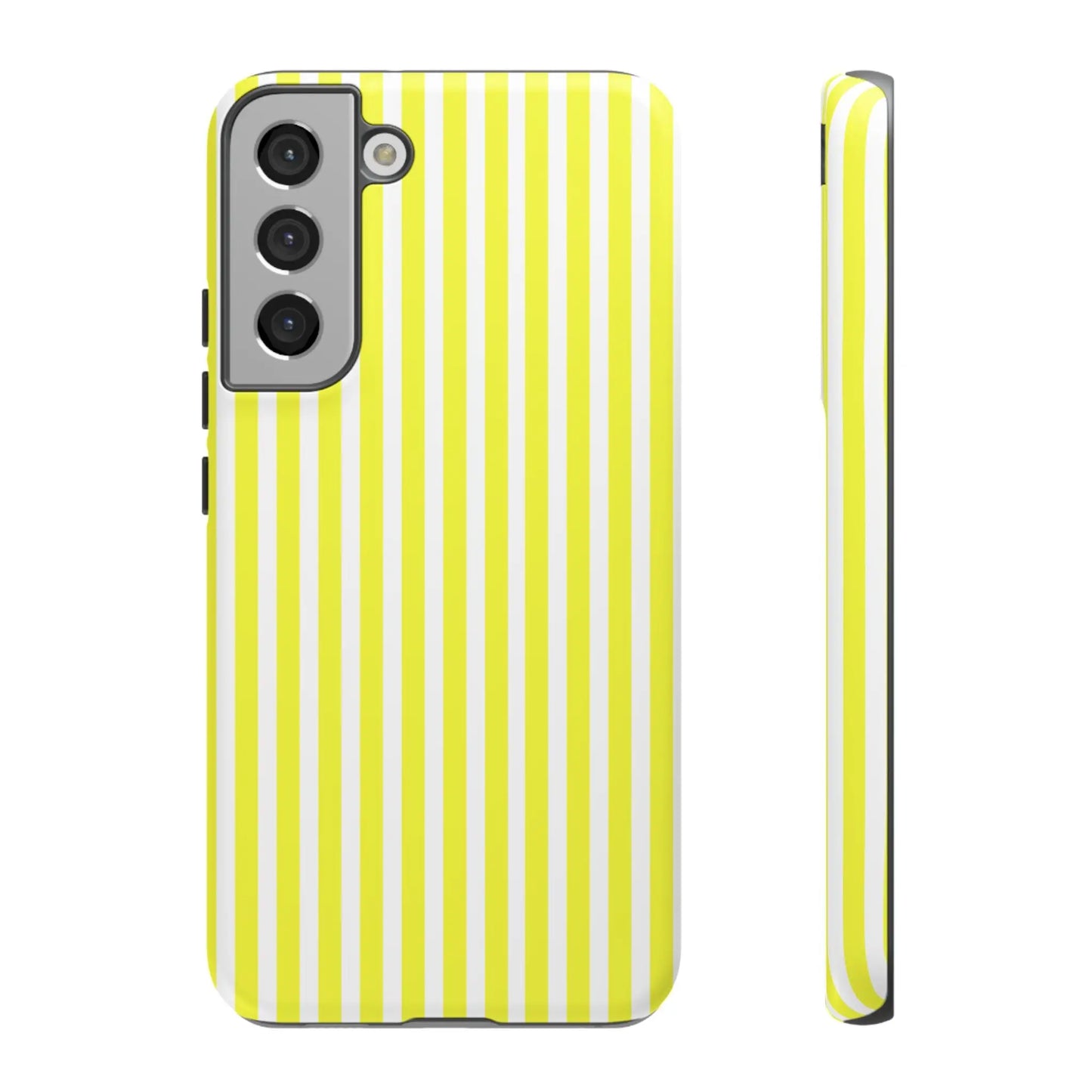 Back view of a banana yellow and white striped tough phone case cover for samsung galaxy s21 hard shell protective cover