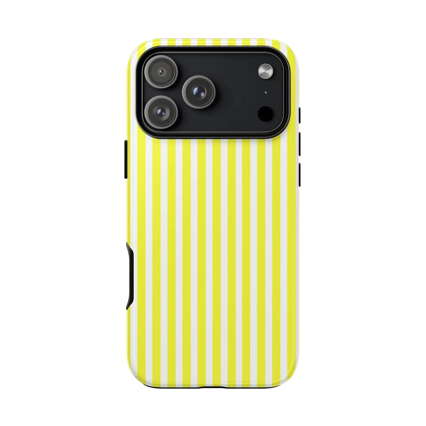 Back side of a banana yellow and white striped tough phone case cover with black camera cutout for iphone 13 pro max