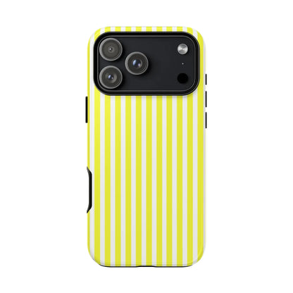 Back side of a banana yellow and white striped tough phone case cover with black camera cutout for iphone 13 pro max