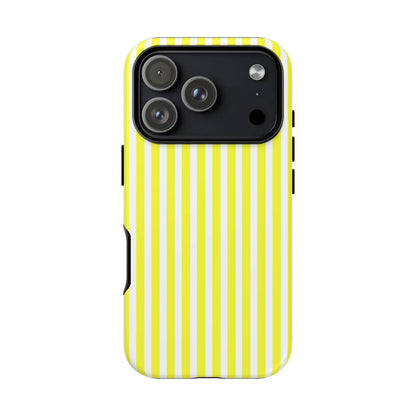 Back side of a vibrant banana yellow and white striped tough phone case cover with hard shell protection for iphone samsung google