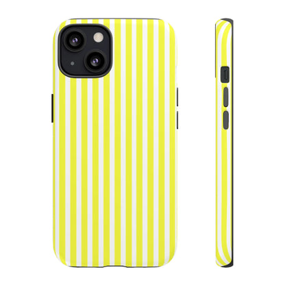Phone case cover showing the back side of a vibrant banana yellow and white striped tough hard shell phone case