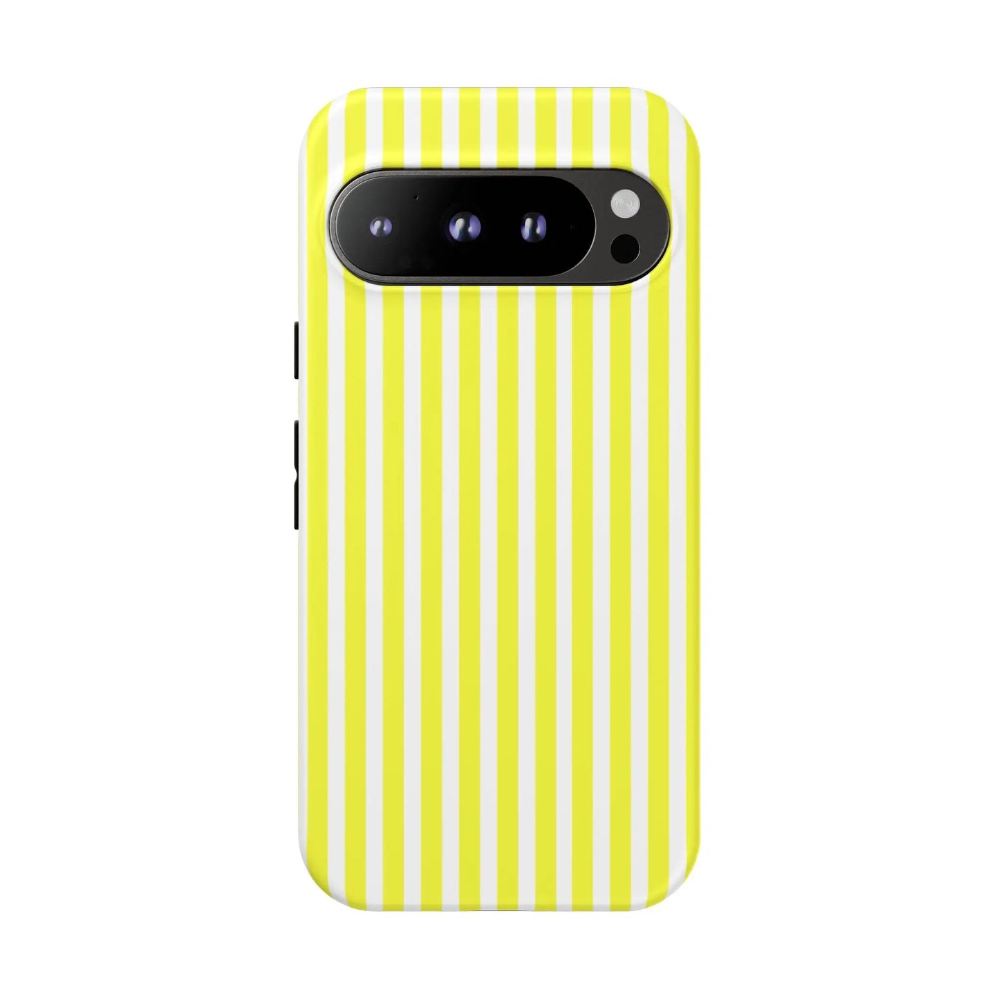 Back side of a vibrant banana yellow and white striped tough phone case cover with a hard shell design