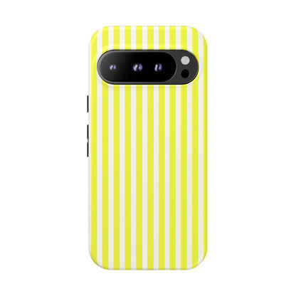 Back side of a vibrant banana yellow and white striped tough phone case cover with a hard shell design