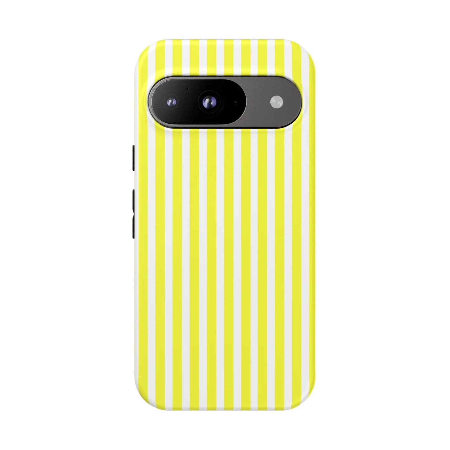 Vibrant banana yellow and white striped tough phone case cover with hard shell for iphone samsung google shown from back side