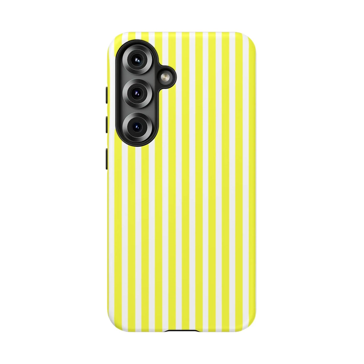 Back side of a banana yellow and white striped tough phone case cover with a hard shell and black camera module