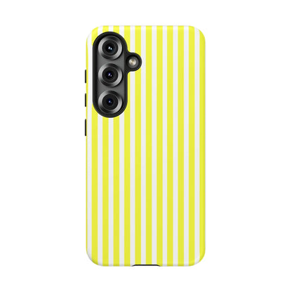 Back side of a banana yellow and white striped tough phone case cover with a hard shell and black camera module