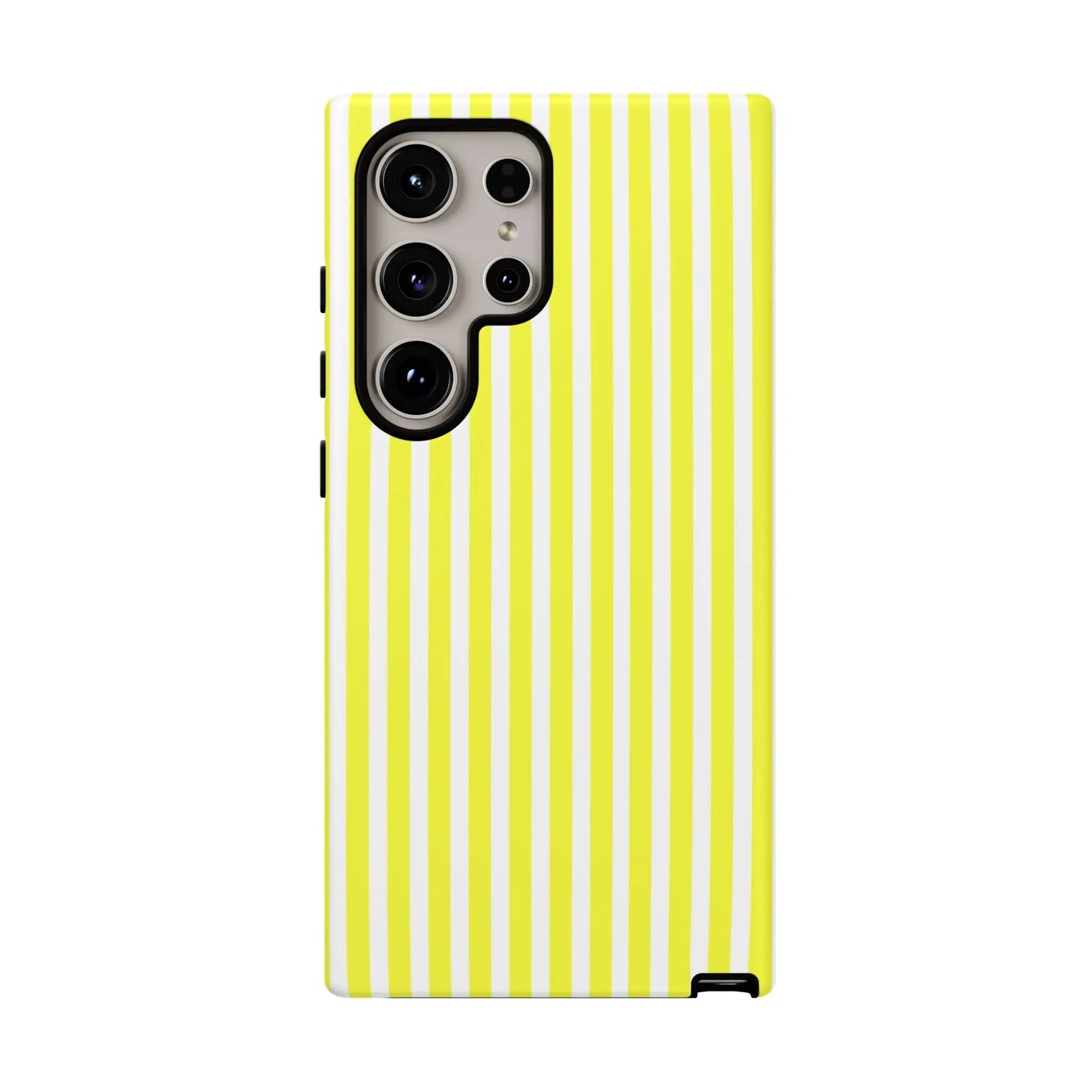 Phone case cover showing the back side with banana yellow and white striped tough hard shell design