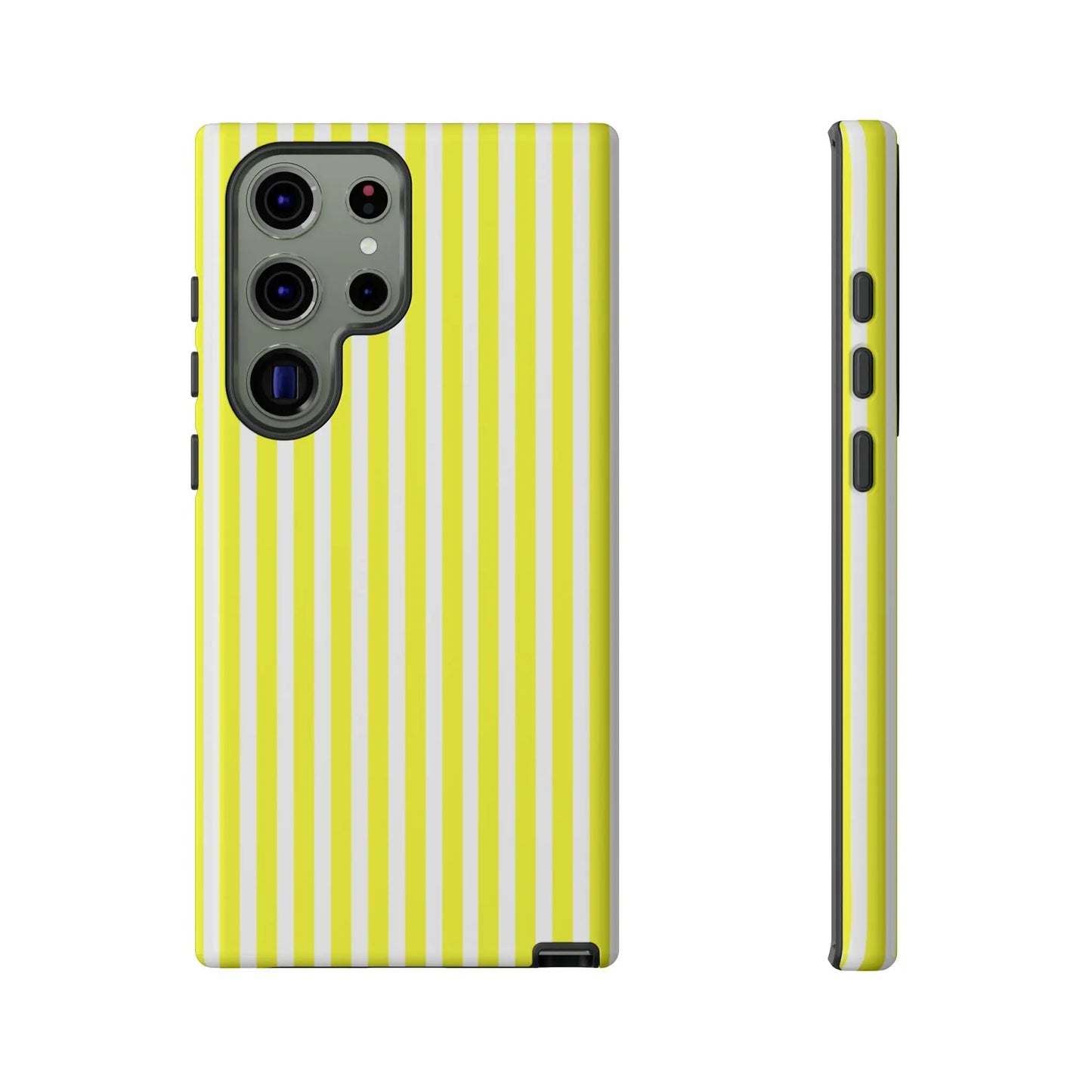 Back side of a banana yellow and white striped tough phone case cover with a hard shell design for iPhone Samsung Google