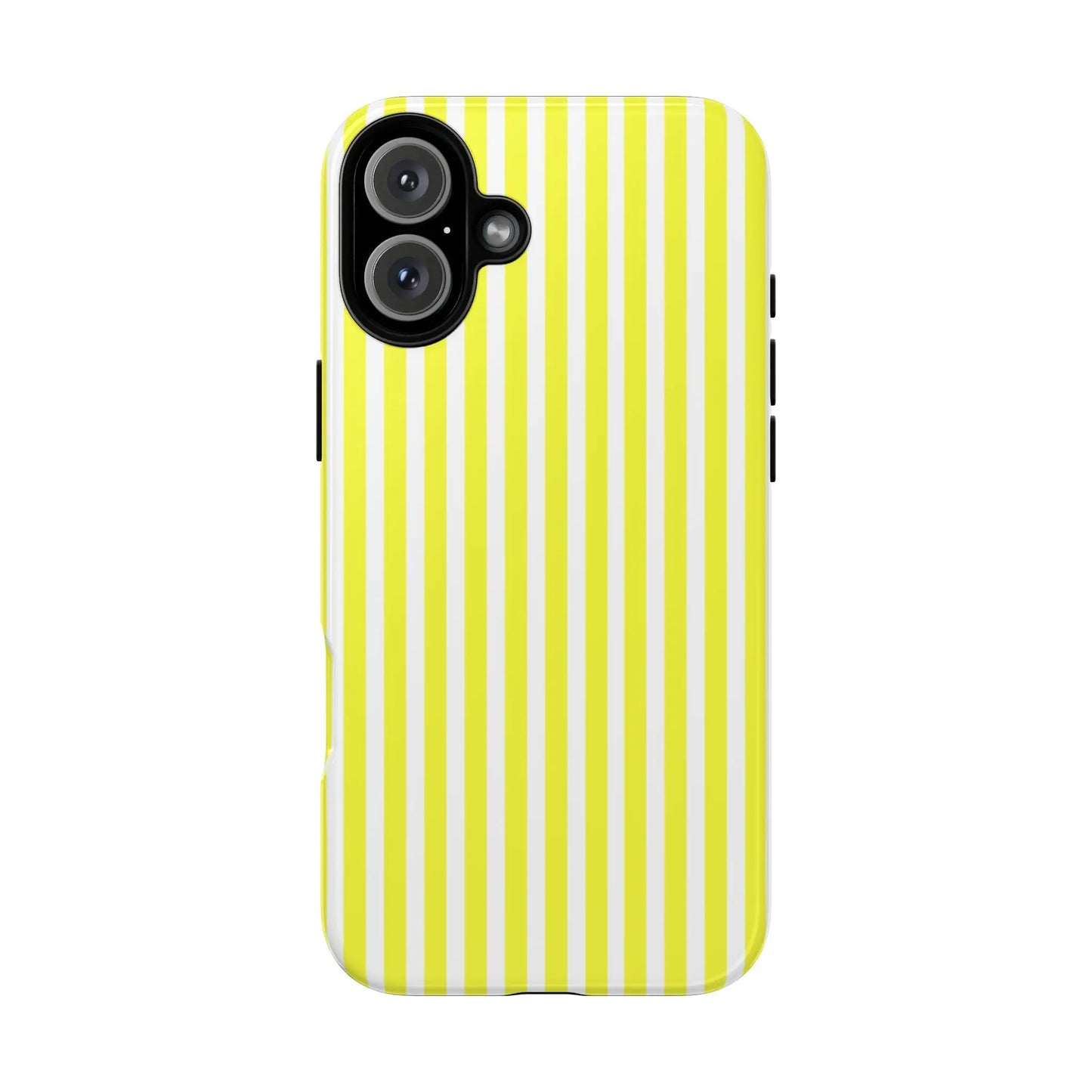 Vibrant banana yellow and white striped tough phone case cover with hard shell protective design shown from the back side