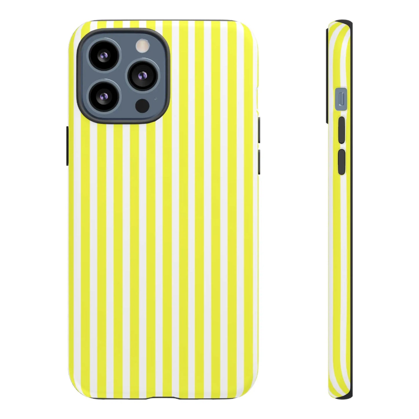 Back side of a banana yellow and white striped tough phone case cover with a hard shell for iphone samsung google