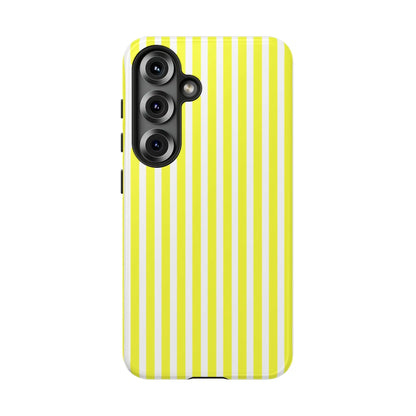 A vibrant banana yellow and white striped tough phone case cover with a hard shell design shown from the back side