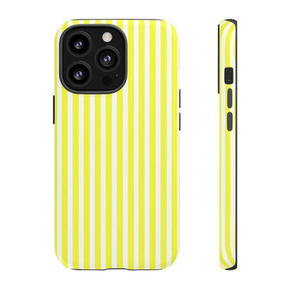 Back of a vibrant banana yellow and white striped tough phone case cover for iphone 13 pro with hard shell design