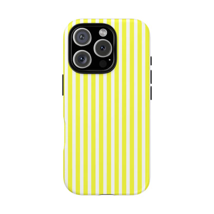 Back view of a banana yellow and white striped tough phone case cover for iphone 13 pro with hard protective shell